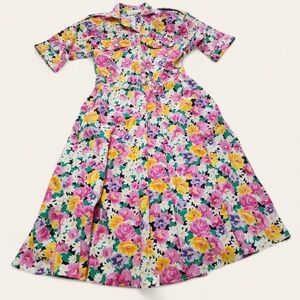 Vintage New Looks Floral Dress 80s Shoulder Pads Fitted Waist Size 6 Cotton